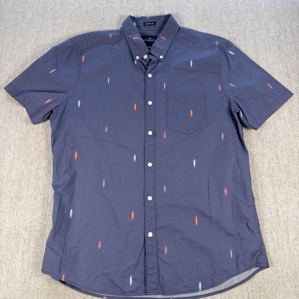American Eagle Button Down Mens Large Blue Surfboard Short Sleeve Cotton Shirt